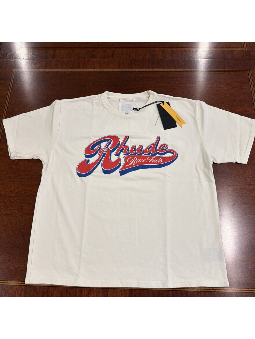 Rhude Race Fuels Tee Graphic Logo Print Men's White Cotton Crew Neck T-Shirt L